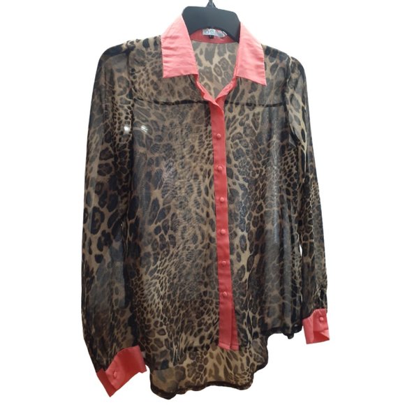 OB2-12 Tops - OB2-12 Leopard Print long Sleeved Sheer Shirt